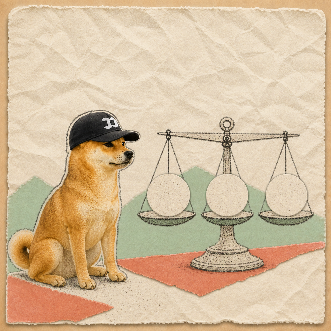 dogwifFOMO beside a balanced paper scale